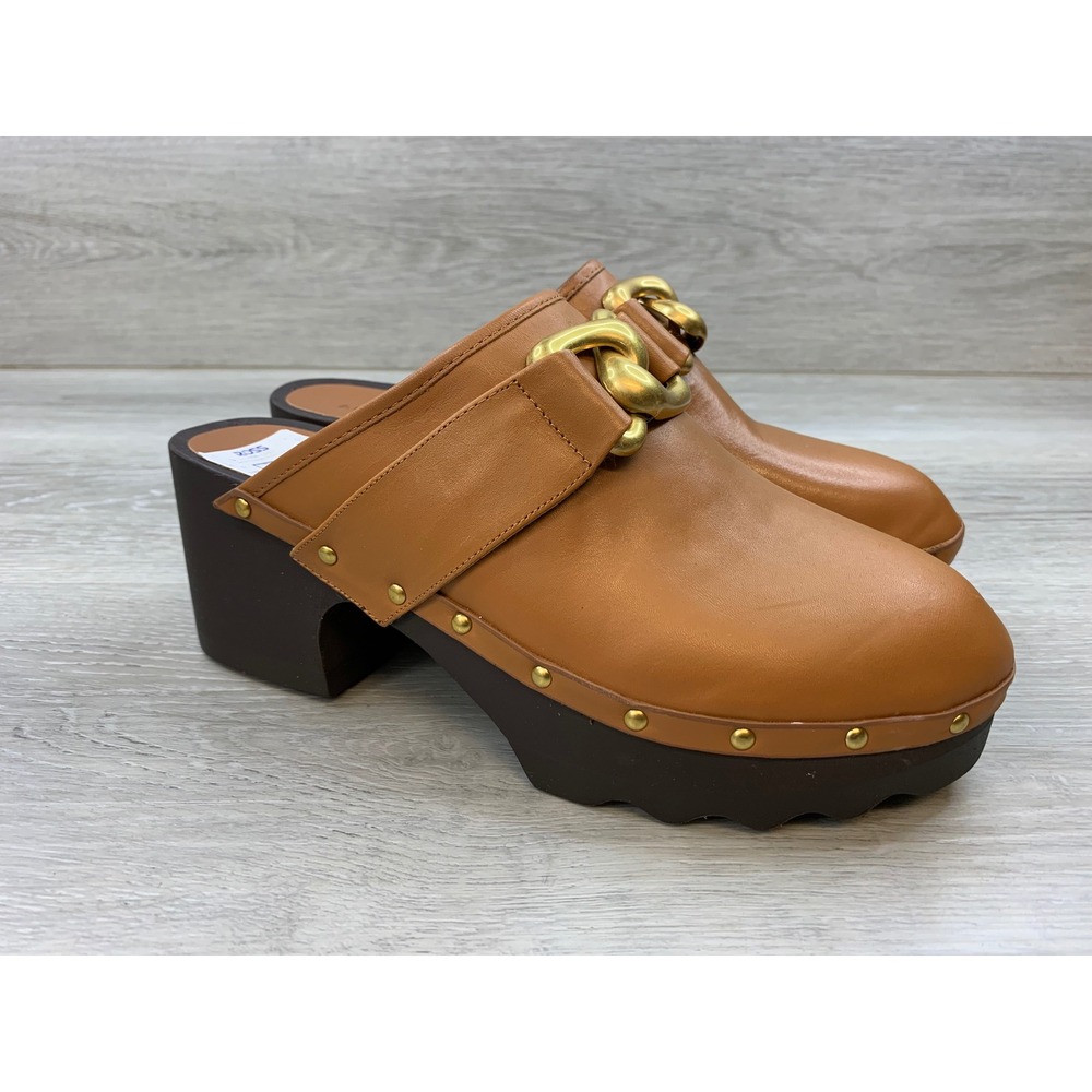Aerosoles Women's Tan Leather Chain Link Platform Clog Mules Size 8 Studded Heel